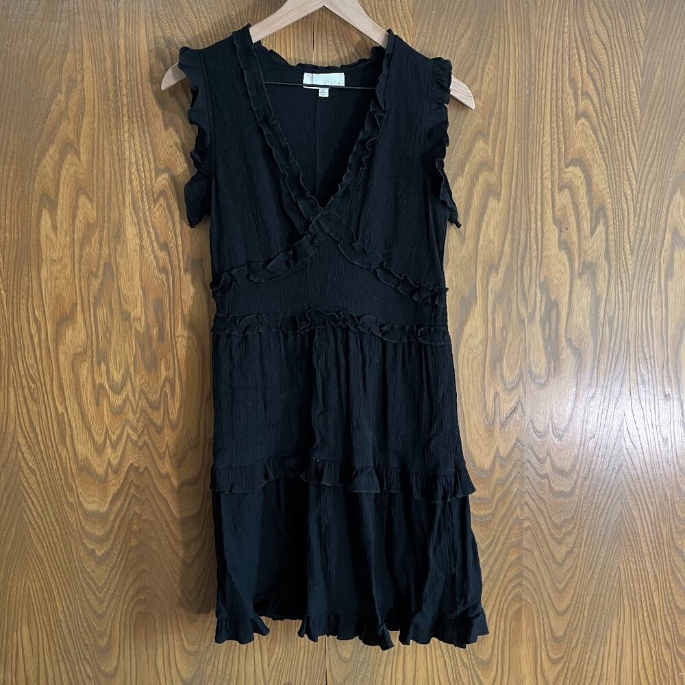 Pinch Ruffle Mini Dress, Sleeveless, V Neck, Black